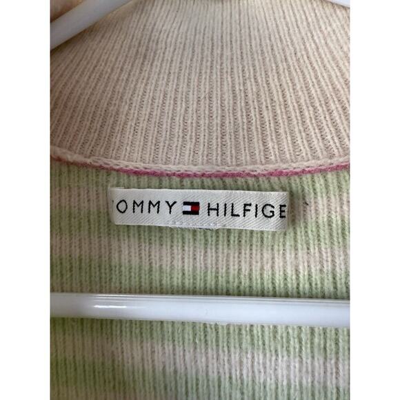 Tommy Hilfiger Lambswool Sweater Womens Small Pink Green Striped 1/4 Zip Cozy - Picture 3 of 7